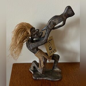Vintage Handcrafted Java Tiki Tribal Man Playing A Horn Wood Carved Figurine 9”